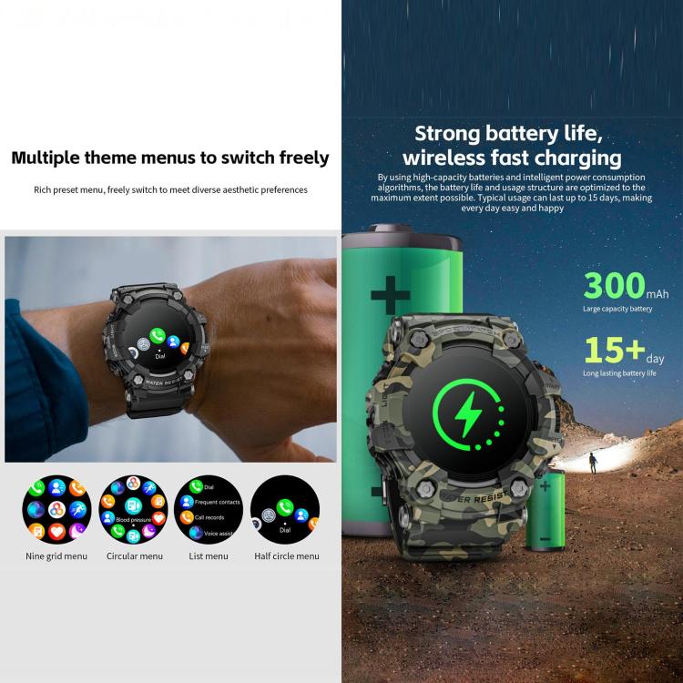 LOKMAT ATTACK T rugged smartwatch in camouflage with green charging symbol on its round display