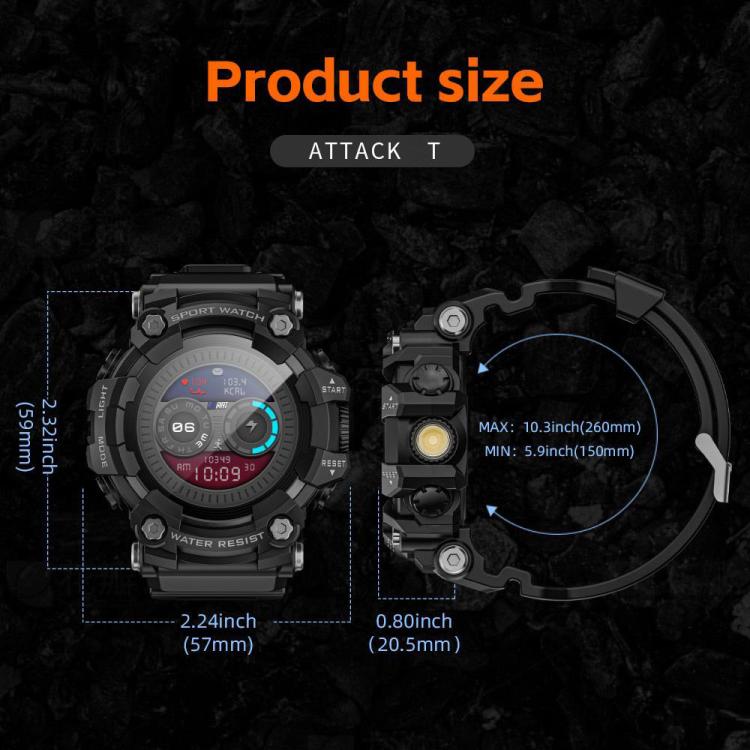 LOKMAT ATTACK T rugged smartwatch size diagram showing round face, side profile and band circumference