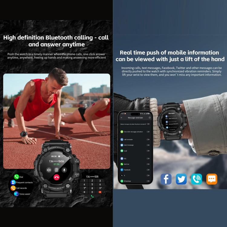 LOKMAT ATTACK T rugged smartwatch displaying Bluetooth calls and phone notifications