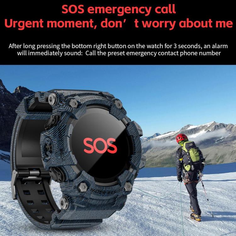 LOKMAT ATTACK T rugged smartwatch with camouflage case displaying an SOS emergency screen
