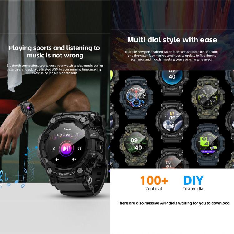 LOKMAT ATTACK T rugged smartwatch with black case, music controls and interchangeable digital watch faces