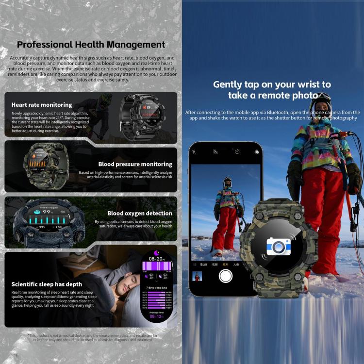 LOKMAT ATTACK T rugged smartwatch with black and camouflage cases, health tracking and remote camera features