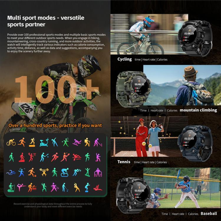 LOKMAT ATTACK T rugged smartwatch in black and camouflage, shown with multiple sport modes
