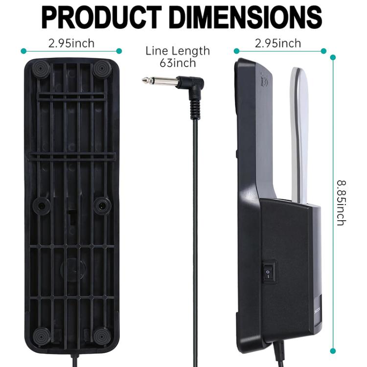 Black sustain pedal dimensions showing foot pedal shape and side profile