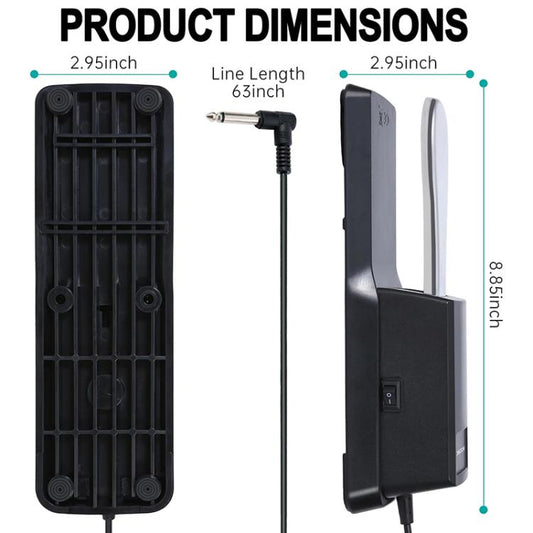 Black sustain pedal dimensions showing foot pedal shape and side profile