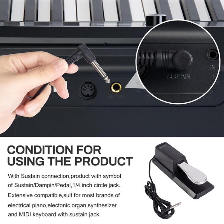 Hand plugging 6.35mm input connector into black sustain pedal