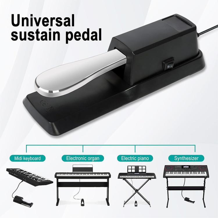 Black sustain pedal with silver footplate and power switch on side