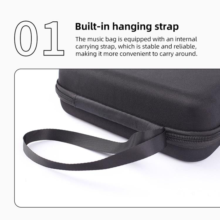 Kalimba bag showing built-in hanging carry strap attached near the zipper