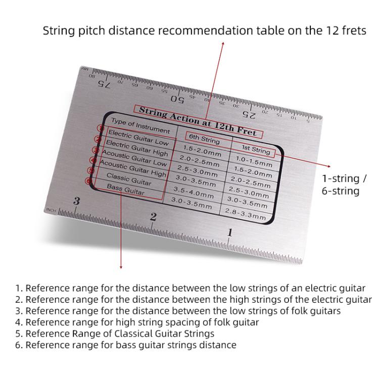Guitar string action ruler gauge with string spacing recommendation table for 12 frets
