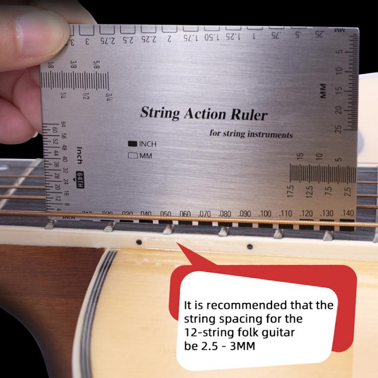 Guitar string action ruler gauge on guitar with note about 12-string spacing