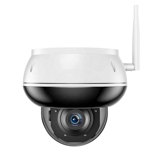 White outdoor dome security camera with long antenna, front lens view