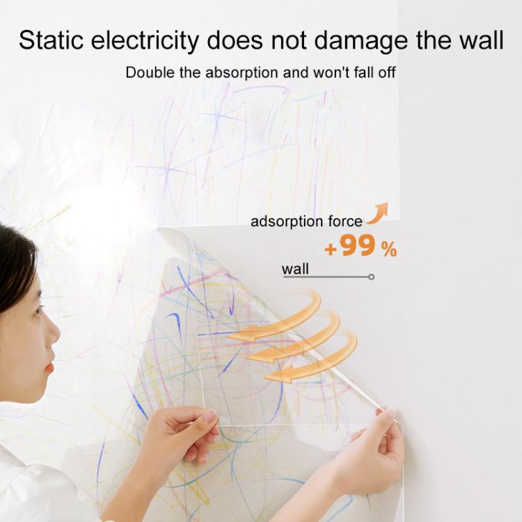 Hands applying a transparent electrostatic wall protective film sheet to a wall