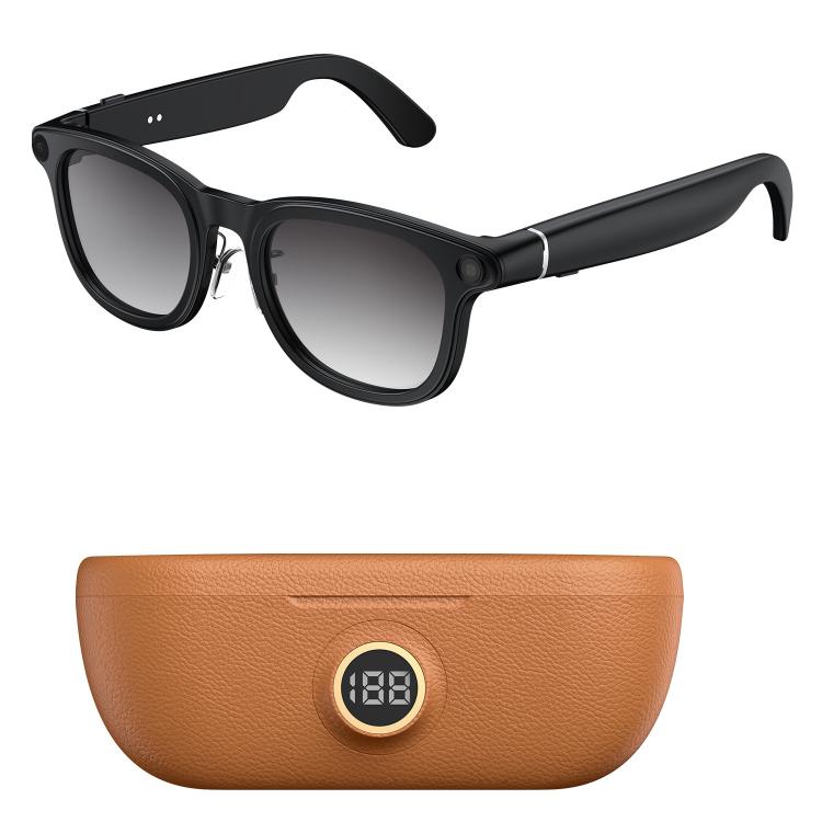 Black smart glasses with gradient lenses and a brown charging case with digital display