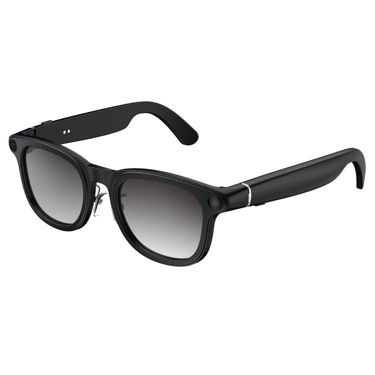 Black smart glasses with gradient lenses, camera detail at the frame corner