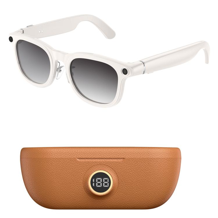 White smart glasses with gradient lenses and a brown charging case with digital display