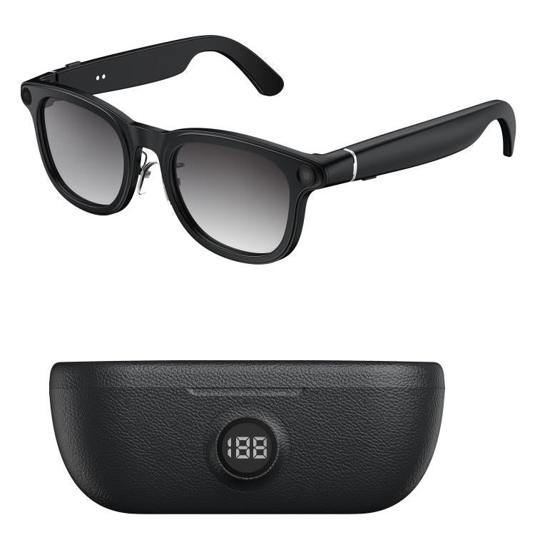 Black smart glasses with gradient lenses and a black charging case with digital display