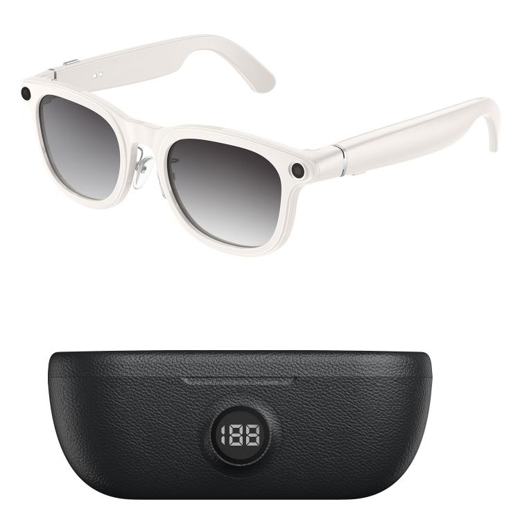 White smart glasses with gradient lenses and a black charging case with digital display