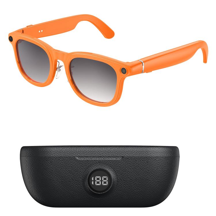 Orange smart glasses with gradient lenses and a black charging case with digital display