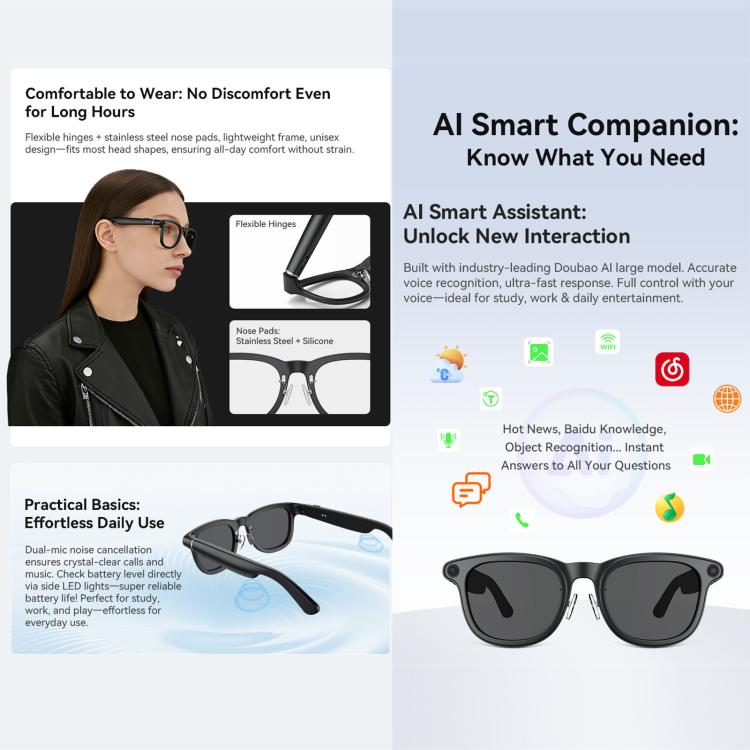 Smart glasses feature graphic highlighting fit, flexible hinges, noise cancellation and AI assistant