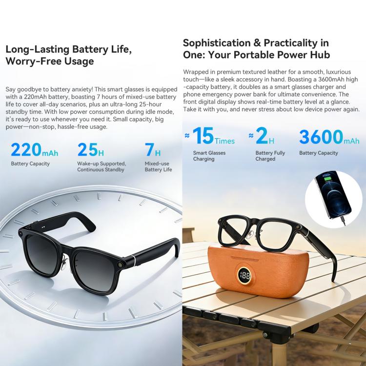 Black smart glasses beside a brown charging case with a digital battery display.