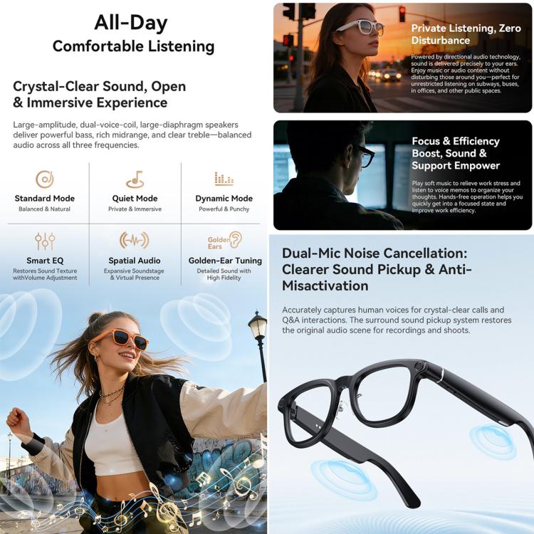 Black smart glasses with open-ear audio and dual-microphone feature callouts.