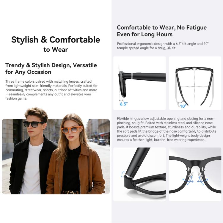 Smart glasses shown in black and orange frames with flexible hinges and adjustable fit.