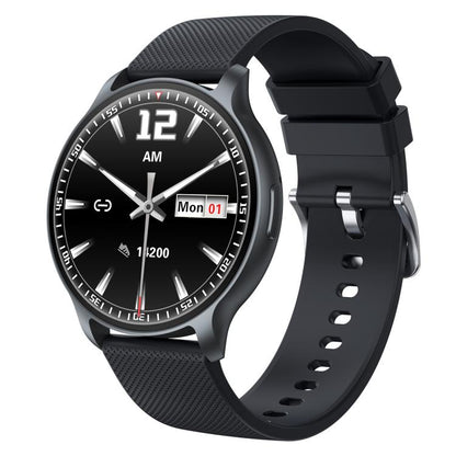QS80 Pro smartwatch with black strap, round display, and silver hands