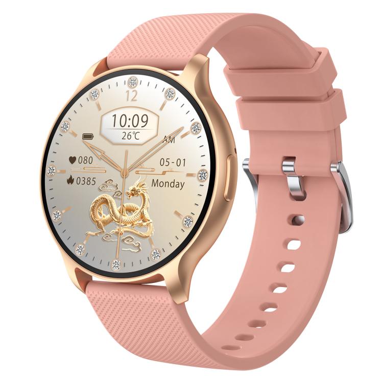 QS80 Pro smartwatch with pink strap, rose gold case, and decorative display