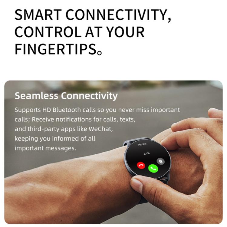 Black smart sports watch with a round call screen and red and green call buttons.