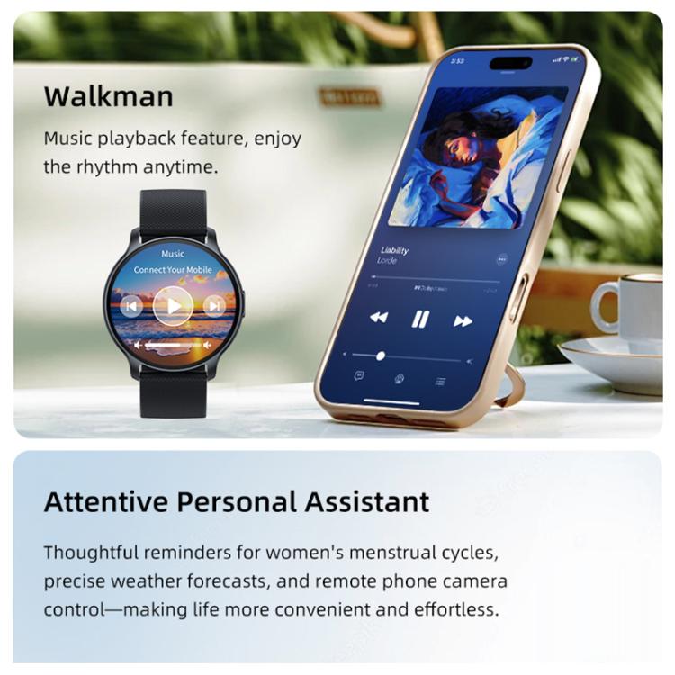 QS80 Pro smartwatch displaying music controls beside a phone