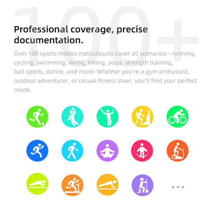 Smart sports watch sports mode graphic with colorful icons for running, cycling, and other activities.