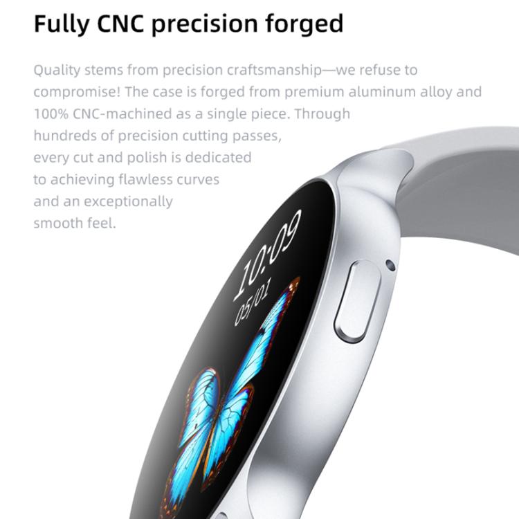 Smart sports watch with silver case, side button, and curved touchscreen showing a butterfly.