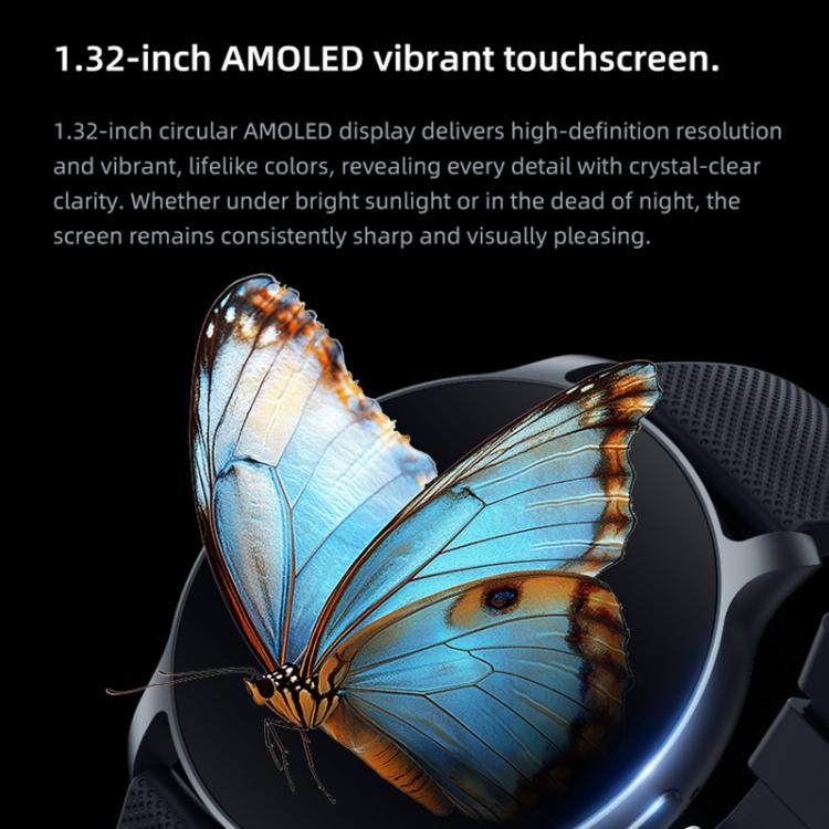 Black smart sports watch with a round AMOLED screen displaying a blue butterfly.