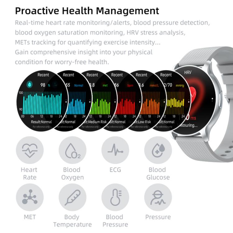 Silver smart sports watch with a mesh band and health monitoring display.