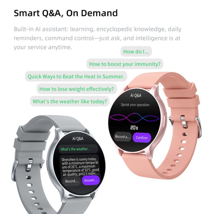 Smart sports watches in gray and pink, both showing AI assistant screens.