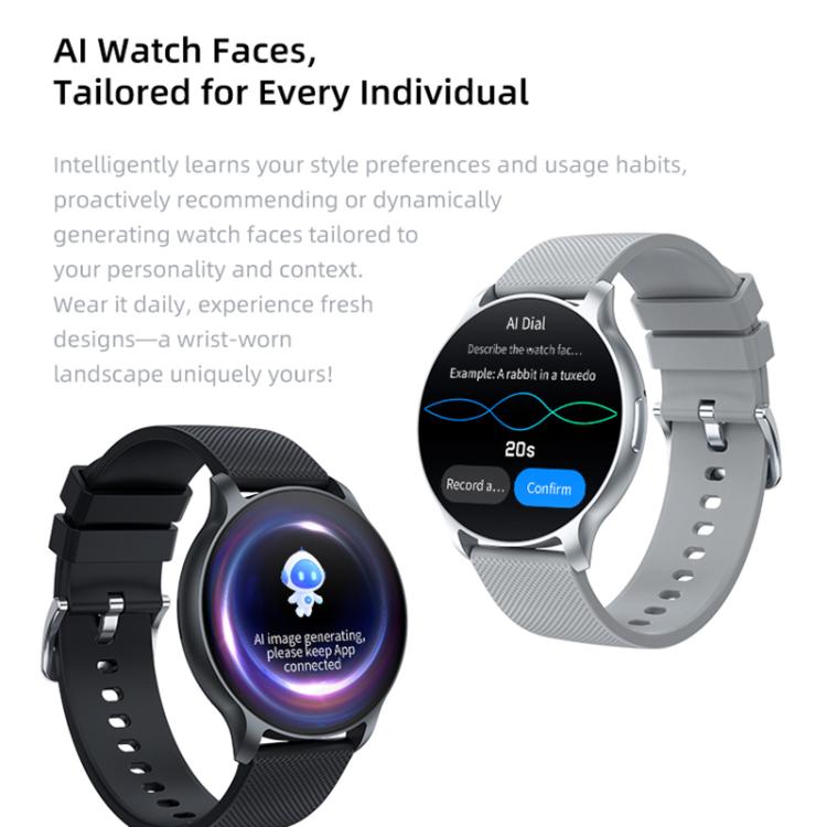 Smart sports watches in black and gray, with round screens displaying AI watch features.