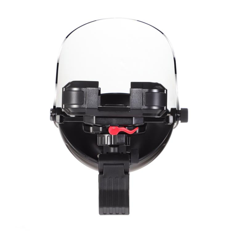 Black sunshade cycling phone holder with central clamp and red latch