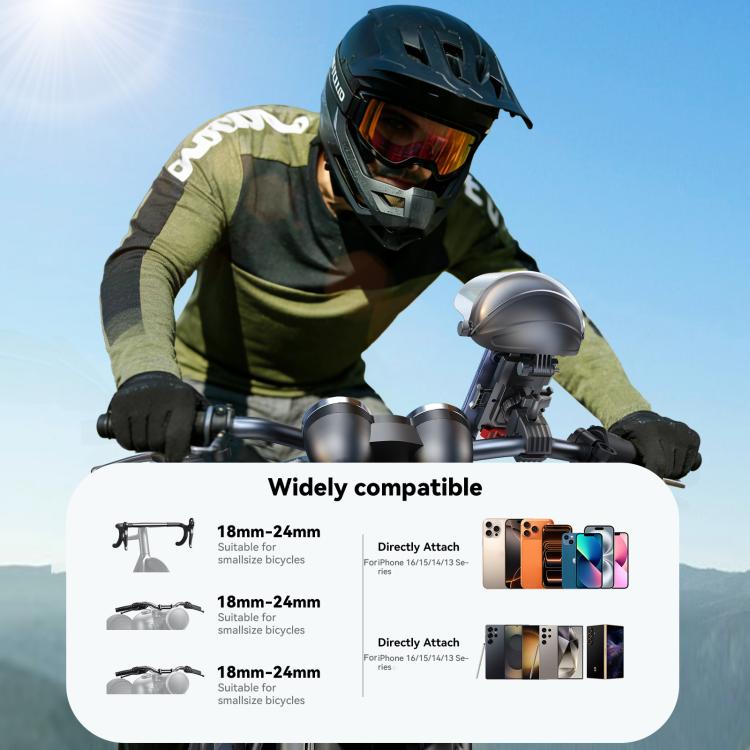 Sunshade phone holder with mounted smartphone, compatible with 18–24 mm bars
