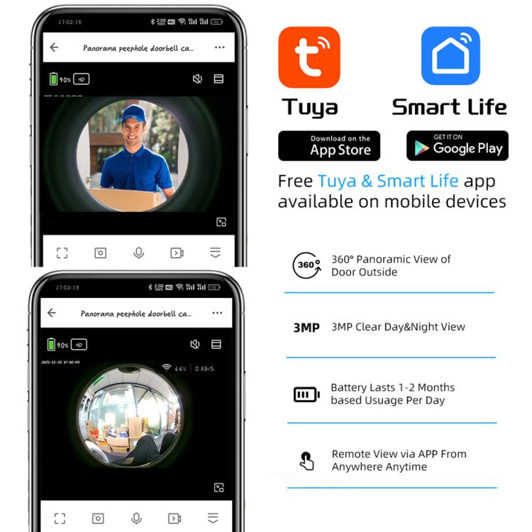 Smartphone app preview of panoramic Wi-Fi peephole doorbell video