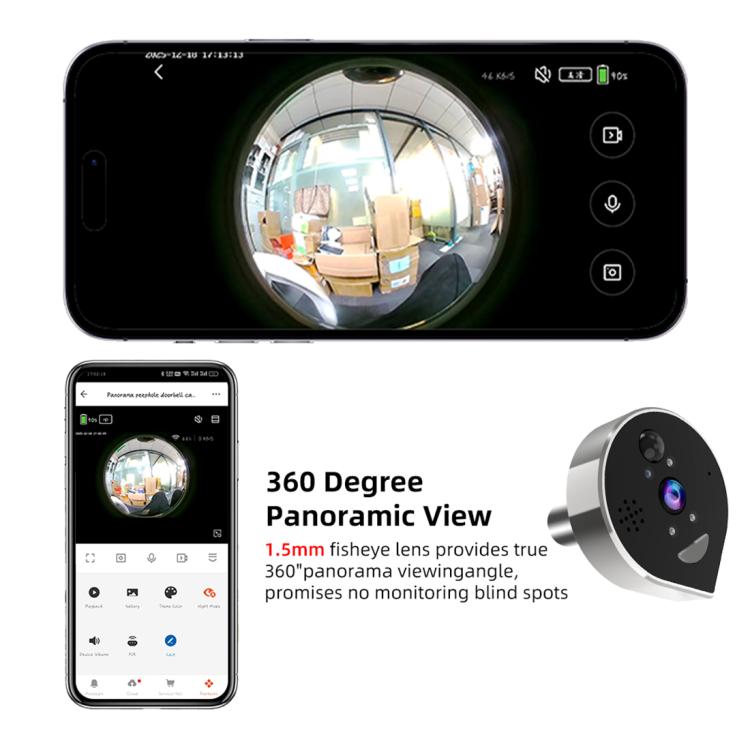 Panoramic Wi-Fi video doorbell peephole camera with app on smartphone