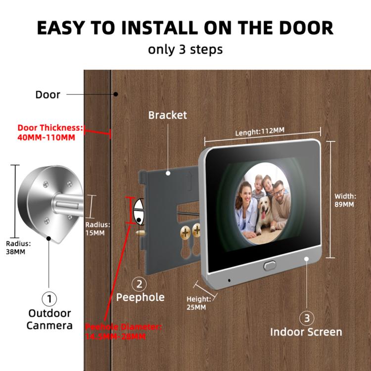 Doorbell peephole camera kit for easy install with bracket and indoor screen