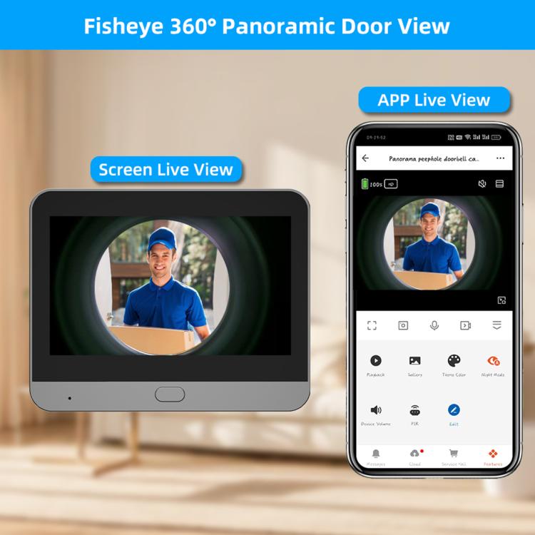WiFi panoramic doorbell video viewer on monitor and smartphone app