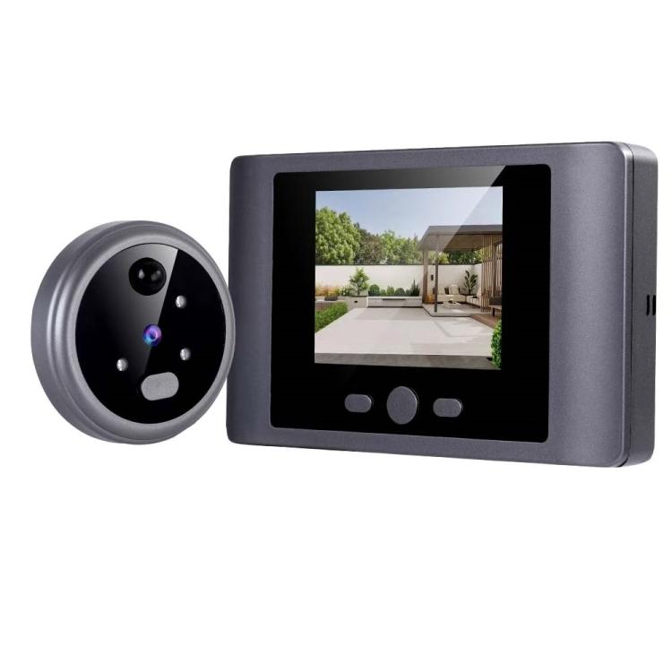 Gray electronic door peephole with wireless display monitor and round camera lens