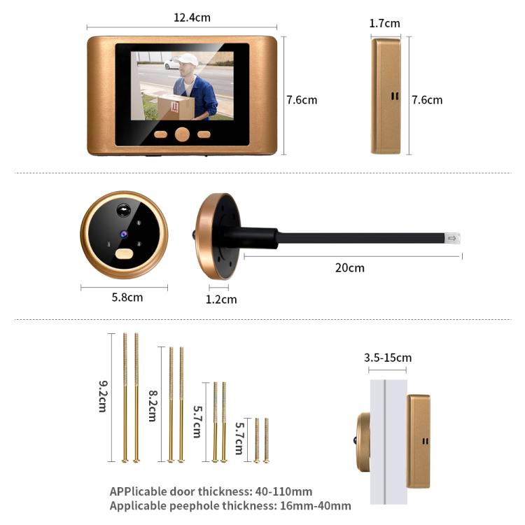 Electronic door peephole camera and display with product size dimensions