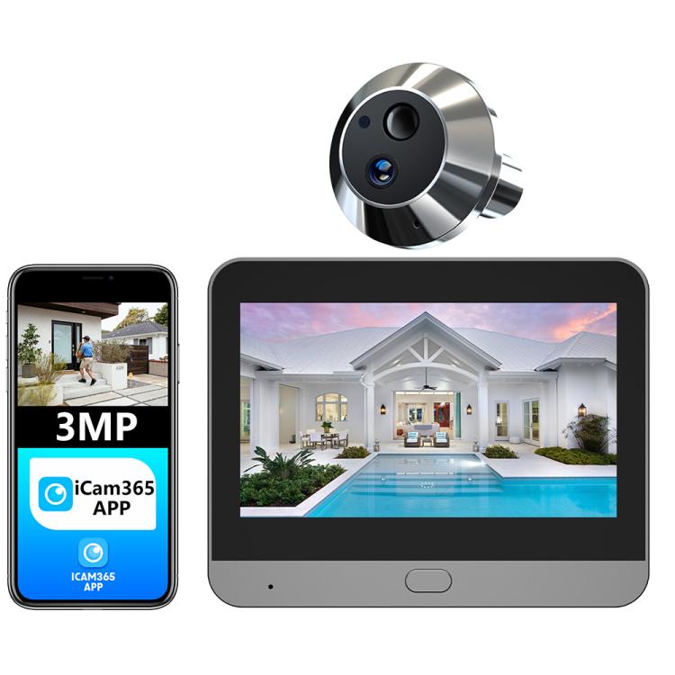 Smart WiFi video doorbell with circular camera and bedside monitor screen display