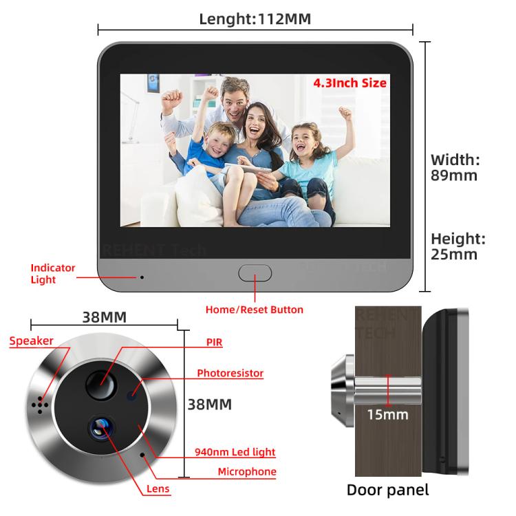 Smart video doorbell monitor dimensions diagram with speaker and home/reset button