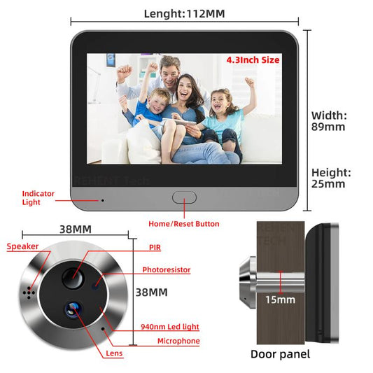 Smart video doorbell monitor dimensions diagram with speaker and home/reset button