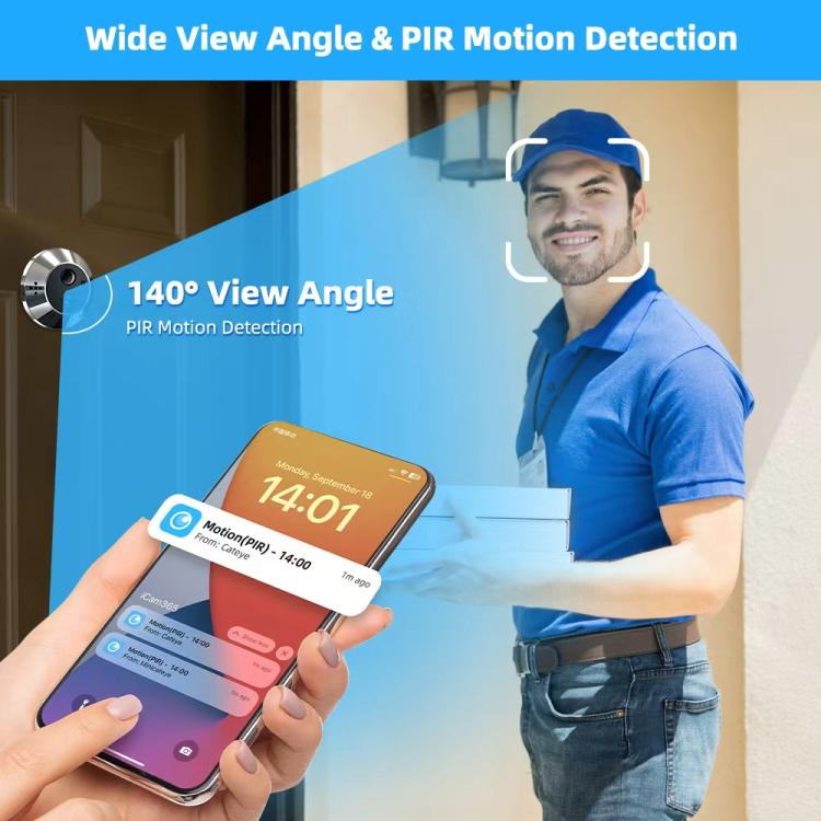 Smart video doorbell camera with 140° view and PIR motion detection on monitor