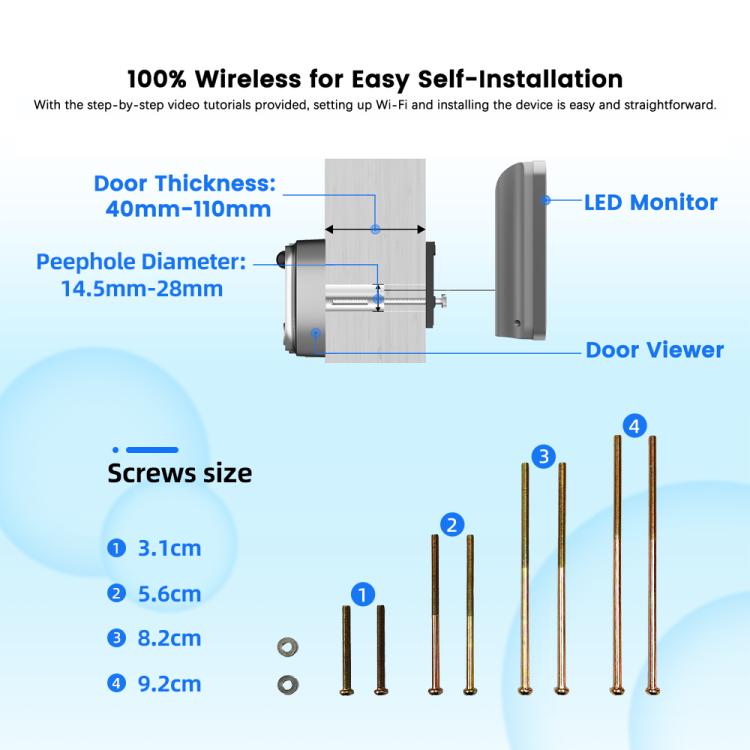 Smart WiFi video doorbell installation diagram with door thickness and viewer parts
