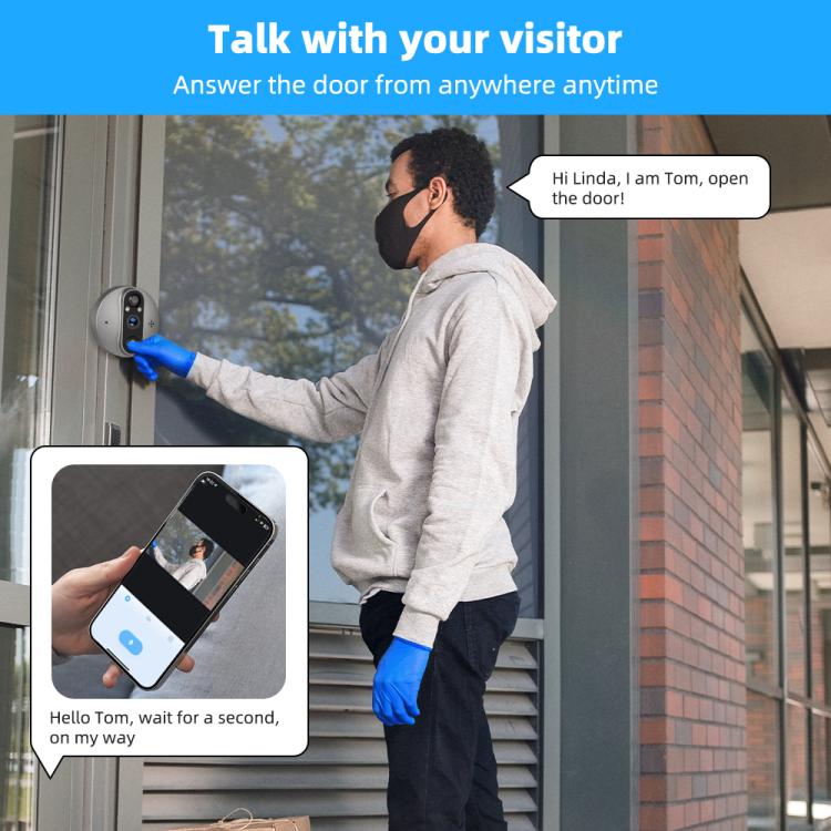 Outdoor video doorbell camera mounted near front door with smartphone preview inset